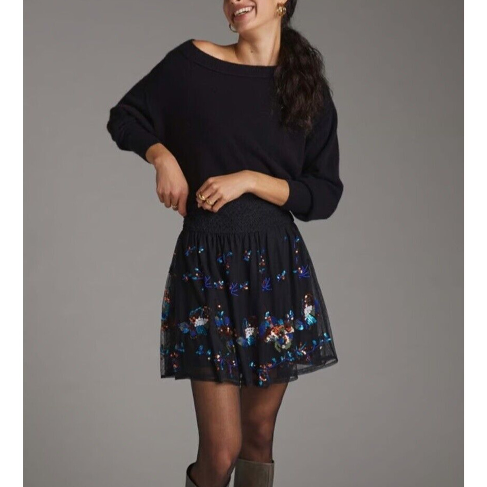 Anthropologie Sequined Tulle Mini Skirt